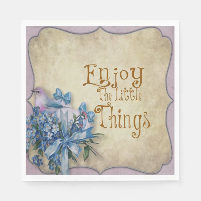 Paper Napkin Enjoy Little Things Blue Floral Quote (Front)