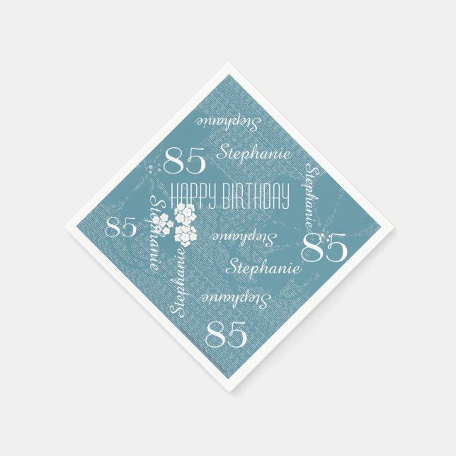 Paper Napkins, 85th Birthday Party, Blue Floral Napkin (Corner)