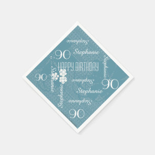 Paper Napkins, 90th Birthday Party, Blue Floral Napkin