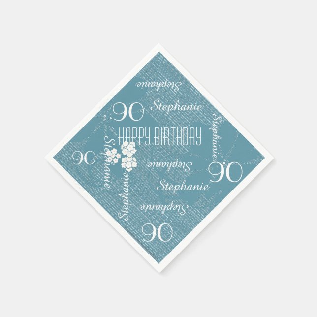 Paper Napkins, 90th Birthday Party, Blue Floral Napkin (Corner)