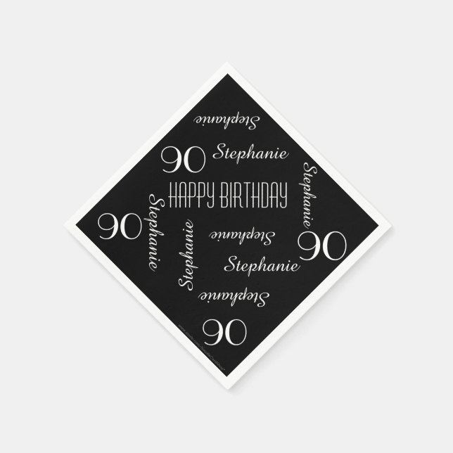 Paper Napkins 90th Birthday Party Name Black White (Corner)