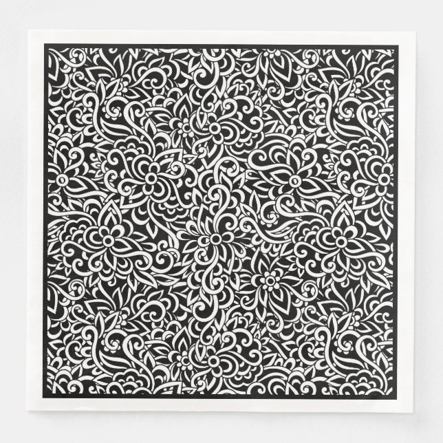 Paper Napkins-Black Damask Floral Napkin (Front)