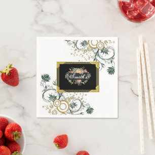 Paper Napkins, Black Floral Flowers Monogram Napkin