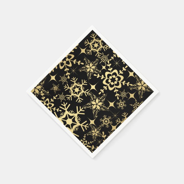 Paper Napkins-Black & Gold Snowflakes Napkin (Corner)