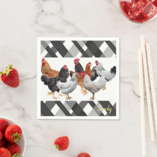 Paper Napkins, Black White Plaid Chickens Napkin