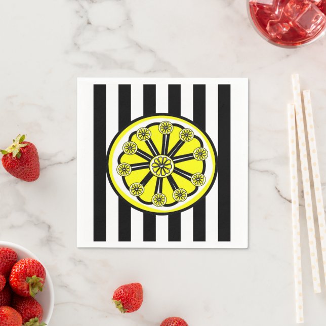Paper Napkins, Black & White Stripes Lemons Napkin (Insitu)