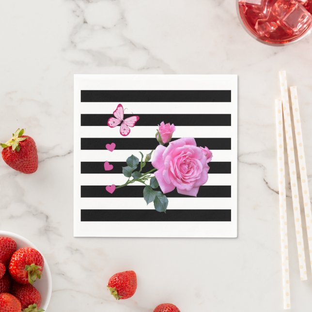 Paper Napkins, Black & White Stripes Pink Rose Napkin (Insitu)