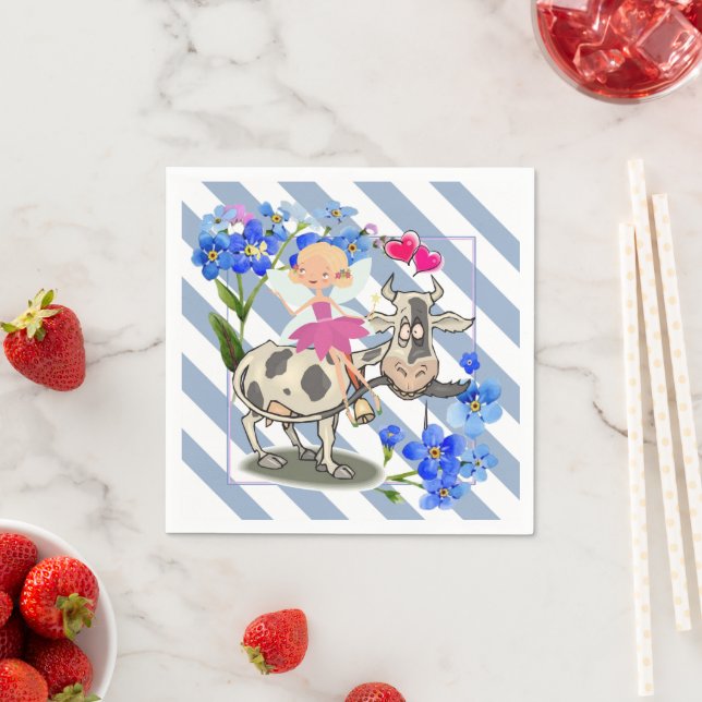 Paper Napkins, Blue & White Stripe Floral Cow Napkin (Insitu)
