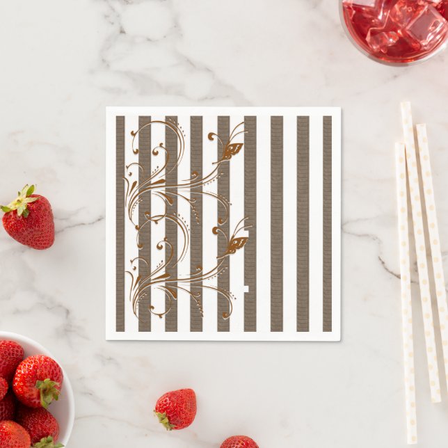 Paper Napkins, Brown & White Stripe Floral Napkin (Insitu)