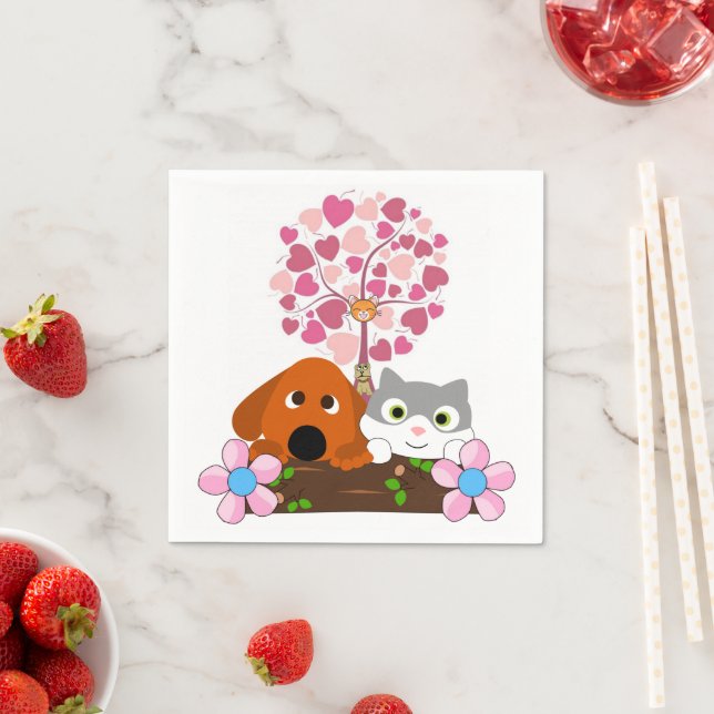 Paper Napkins, Dog Cats Hearts Floral Napkin (Insitu)