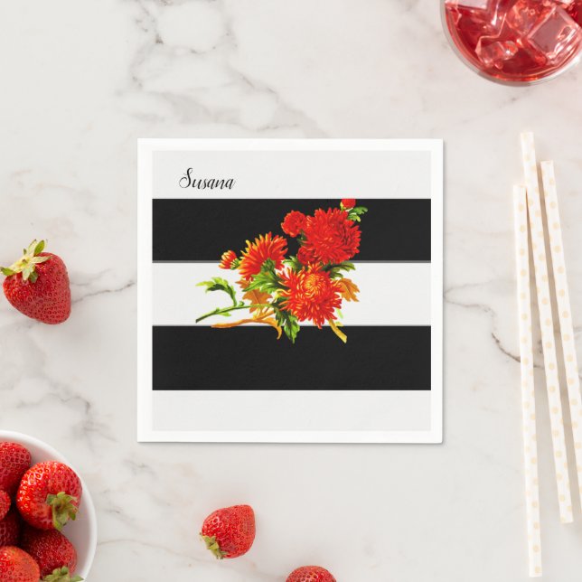 Paper Napkins, Floral Black Stripe Napkin (Insitu)