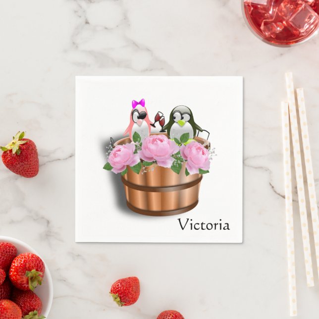 Paper Napkins, Floral Pink Roses Penguin Wine Napkin (Insitu)
