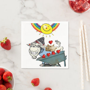 Paper Napkins, Goat Kitten Red Hearts Rainbow Napkin