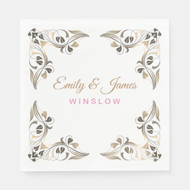 Paper Napkins-Golden Fancy Leaf Borders Napkin (Front)