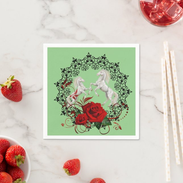 Paper Napkins, Green Floral Red Rose White Horse Napkin (Insitu)