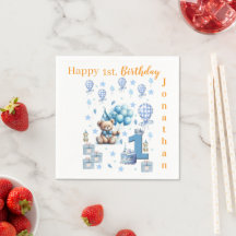 Paper Napkins, Happy 1st. Birthday Teddy Bear Blue