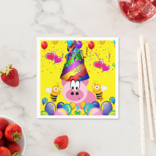 Paper Napkins, Happy Birthday Pink Pig Bumblebee Napkin