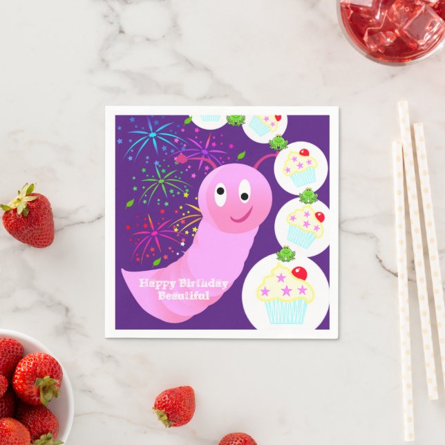 Paper Napkins, Happy Birthday Pink Worm Cupcake Napkin (Insitu)