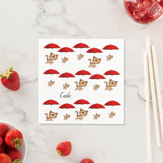 Paper Napkins, Kittens Cats Red Umbrella Napkin (Insitu)