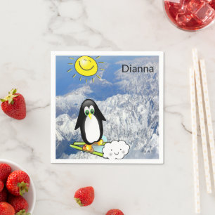 Paper Napkins, Penguin Skiing Clouds Mountains Napkin