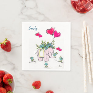 Paper Napkins, Pink Hearts Elephant Floral Napkin