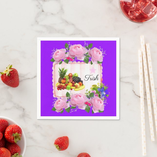 Paper Napkins, Purple Fruit Pink Roses Floral Napkin (Insitu)