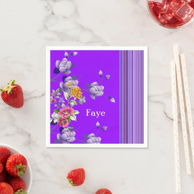 Paper Napkins, Purple Stripe Floral Napkin (Insitu)