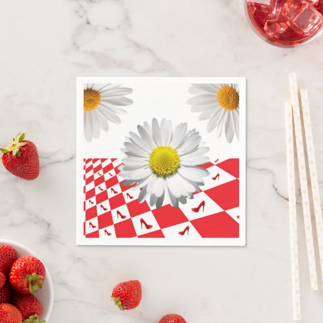 Paper Napkins, Red Chequered White Daisy Floral Napkin (Insitu)