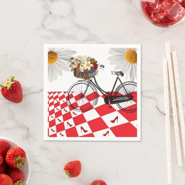 Paper Napkins, Red Chequered White Daisy Floral Napkin (Insitu)