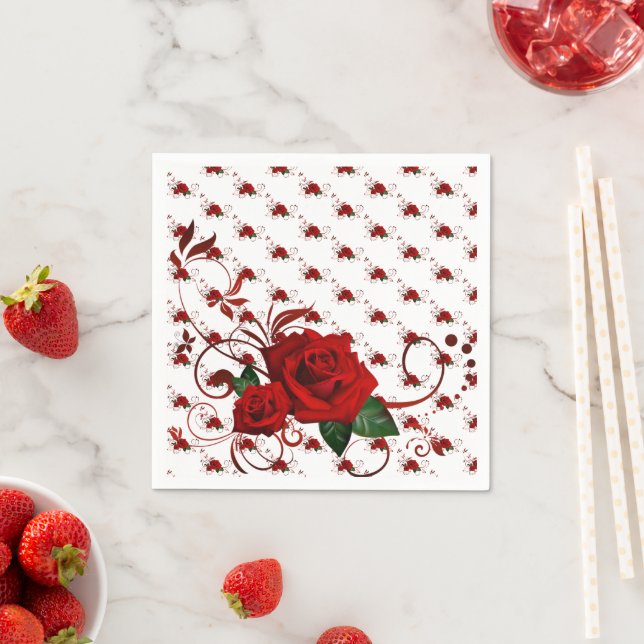 Paper Napkins, Red Rose Floral Napkin (Insitu)