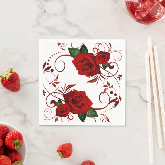 Paper Napkins, Red Rose Floral Napkin (Insitu)
