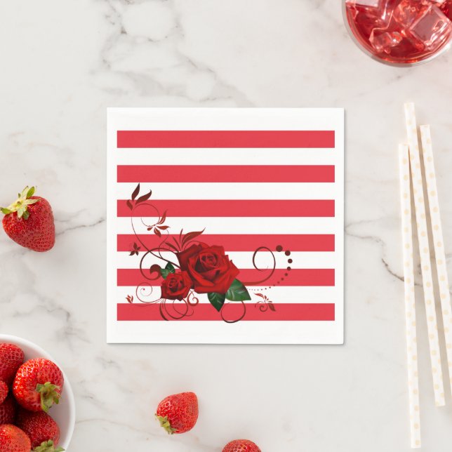 Paper Napkins, Red & White Stripe Floral Red Rose Napkin (Insitu)