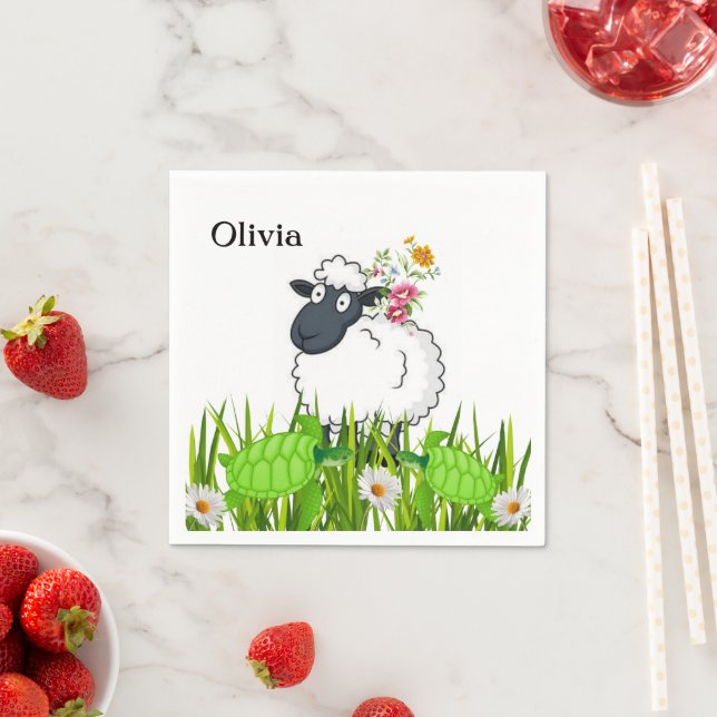 Paper Napkins, Sheep Green Turtles Floral Napkin (Insitu)