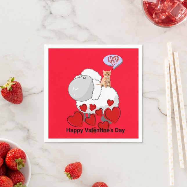 Paper Napkins, Sheep Kitten Red Hearts Napkin (Insitu)