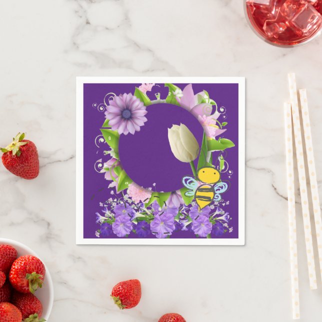 Paper Napkins, Tulip Floral Flowers Bumblebee Napkin (Insitu)