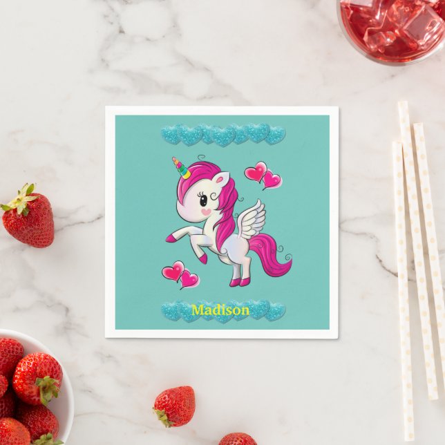 Paper Napkins, Unicorn Blue Hearts Napkin (Insitu)