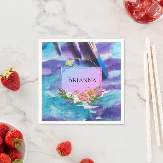 Paper Napkins, Watercolor Floral Flowers Napkin (Insitu)