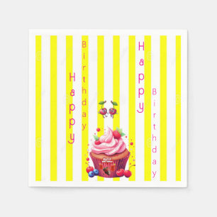 Paper Napkins Yellow & White Stripe Birthday