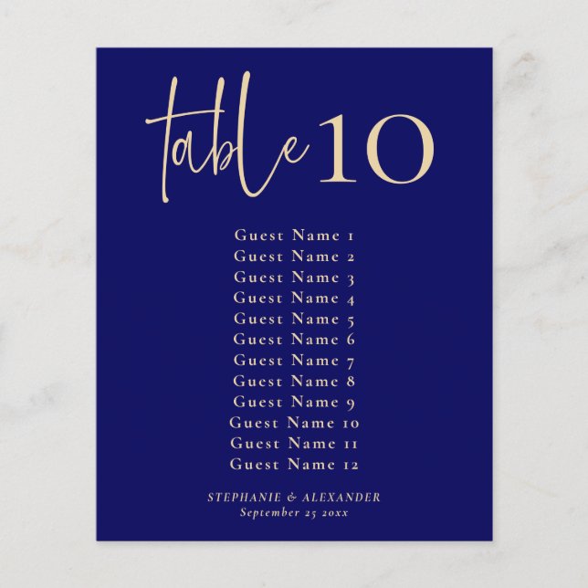 PAPER Navy and Gold Table Number & Seating Chart (Front)