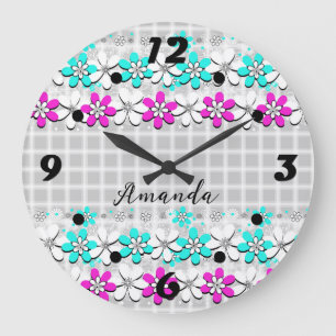 Paper neon flowers on a gray-white checkered  large clock