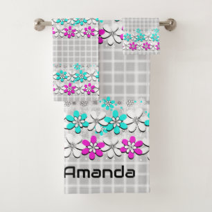 Paper neon flowers on a grey-white chequered bath towel set