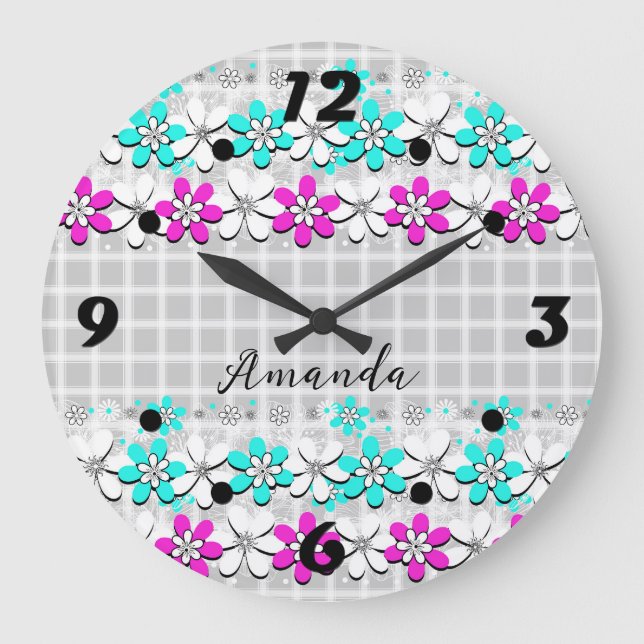 Paper neon flowers on a grey-white chequered  large clock (Front)