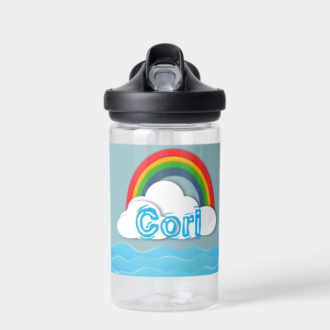 Paper Ocean with Rainbow and Clouds Custom Name  Water Bottle (Front)
