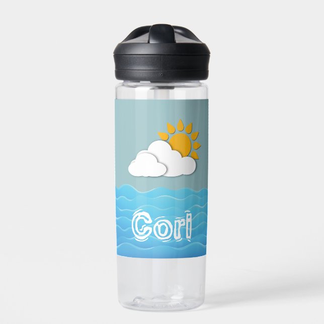 Paper Ocean with Sun and Clouds Custom Name  Water Bottle (Front)