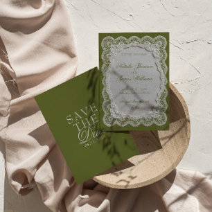 Paper Olive Green Lace Doily Old Money Wedding Save The Date