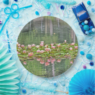 PAPER PARTY PLATES/FLORAL/PINK WATER LILIES/REFLEC PLATE