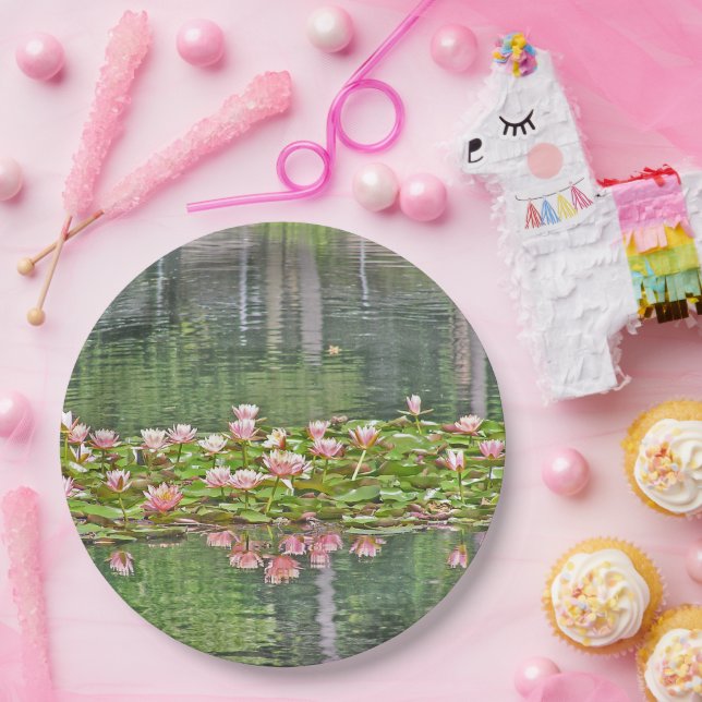 PAPER PARTY PLATES/FLORAL/PINK WATER LILIES/REFLEC PLATE (Party)