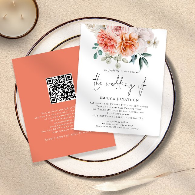 PAPER Peach Peonies Floral QR Code Wedding Invite (Creator Uploaded)