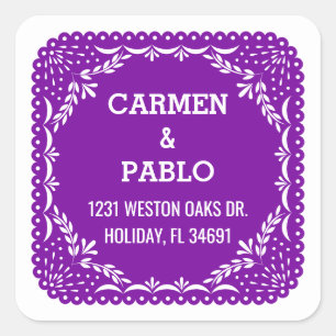 Paper Picado Colourful Mexican Wedding Address Square Sticker