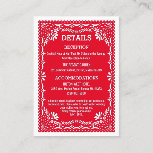 Paper Picado Colourful Mexican Wedding Details Enclosure Card (Front)